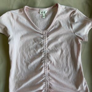 Self Esteem Pink Ribbed Ruched Front Short Sleeve Top Girls Medium